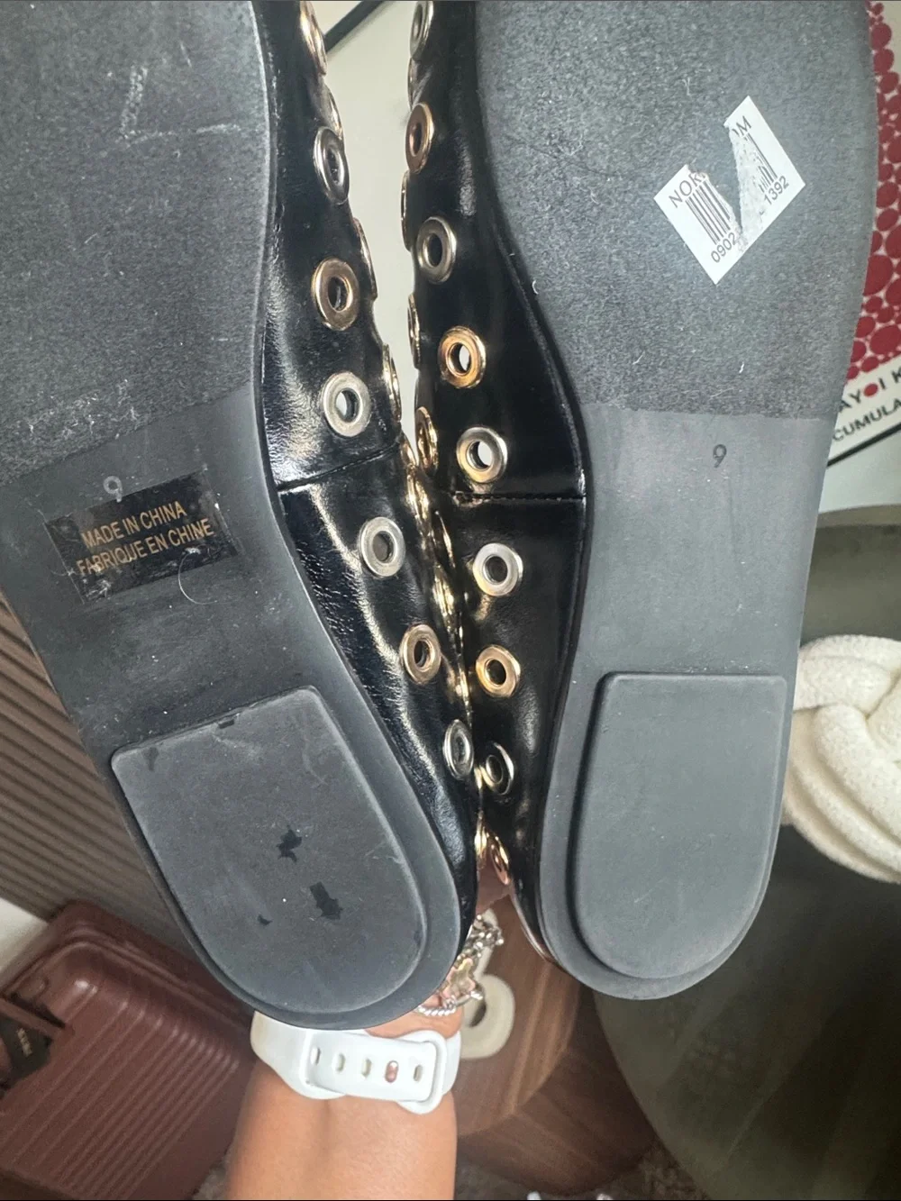 Jeffrey Campbell Black Leather Grommet-Embellished Slip-On Flats